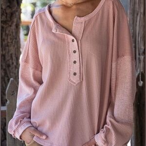 POL Mauve Pink Oversized Boho Button Waffle Knit Long Sleeve Top Women’s Large